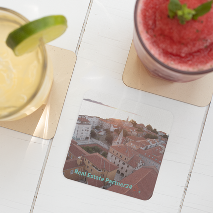 Roof Sunset View Cork-back coaster with realestatepartner24 with house Logo