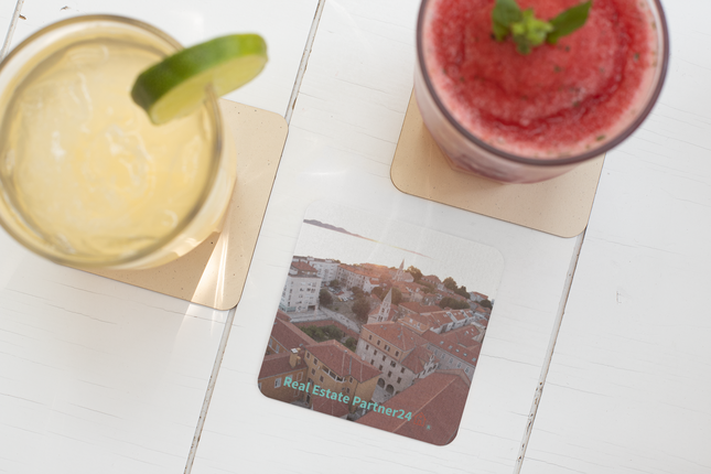 Roof Sunset View Cork-back coaster with realestatepartner24 with house Logo