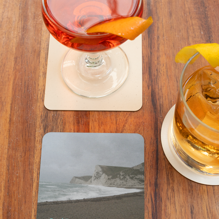 Waves and Sand Cork-back coaster with realestatepartner24 with house Logo