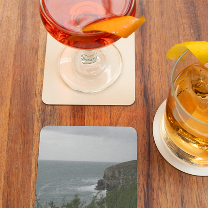 Seaside Serenity Cork-back coaster with realestatematching with key Logo