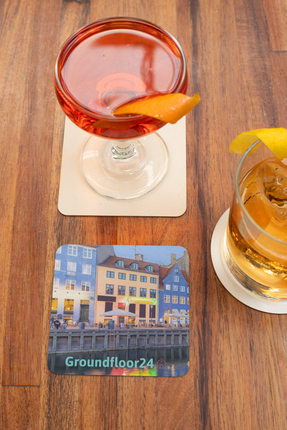 Nyhavn Cork-back coaster with Groundfloor24 Logo