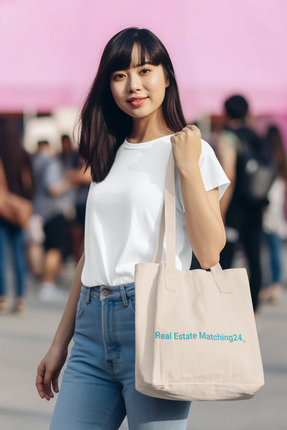 Organic denim tote bag with Real Estate Matching24 Logo