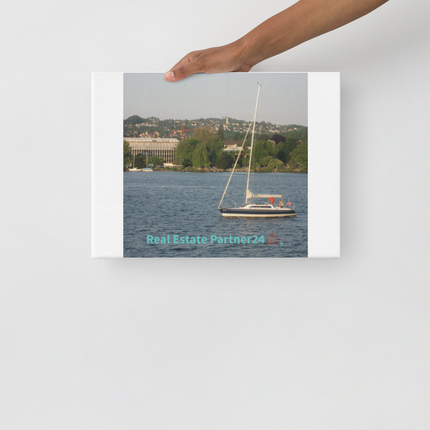 Boat on the River Thin canvas with realestatepartner24 with house Logo