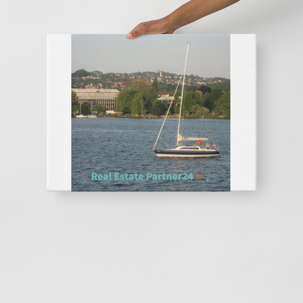 Boat on the River Thin canvas with realestatepartner24 with house Logo