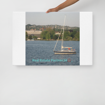 Boat on the River Thin canvas with realestatepartner24 with house Logo