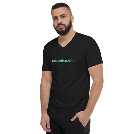 Unisex Short Sleeve V-Neck T-Shirt with Groundfloor24 Logo