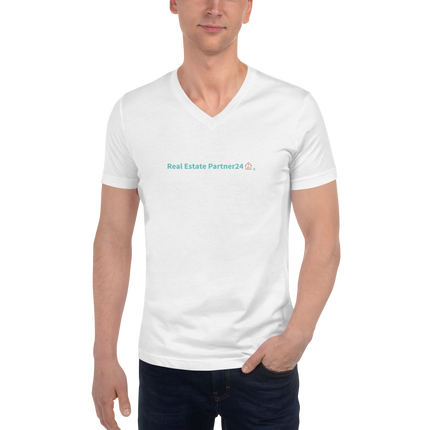 Unisex Short Sleeve V-Neck T-Shirt with Real Estate Partner24 Logo