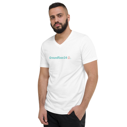 Unisex Short Sleeve V-Neck T-Shirt with Groundfloor24 Logo
