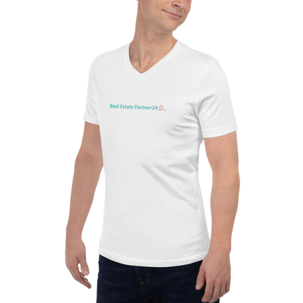 Unisex Short Sleeve V-Neck T-Shirt with Real Estate Partner24 Logo