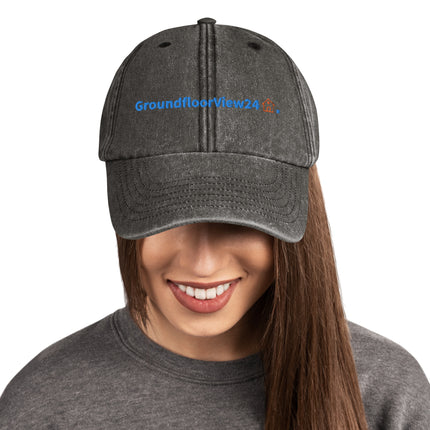 Austria Vintage Dad Hat GroundfloorView24 with 3 Logos.