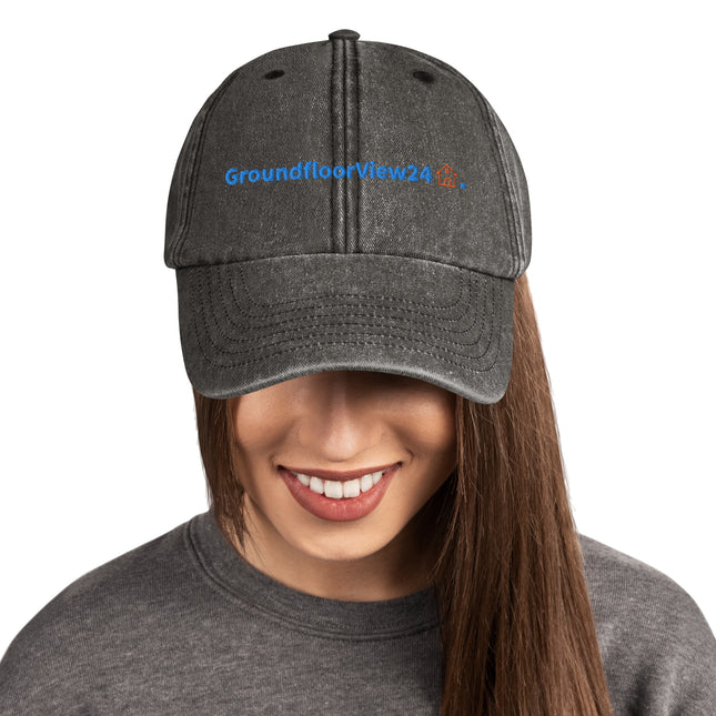 Austria Vintage Dad Hat GroundfloorView24 with 3 Logos.