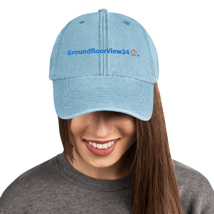 Austria Vintage Dad Hat GroundfloorView24 with 3 Logos.