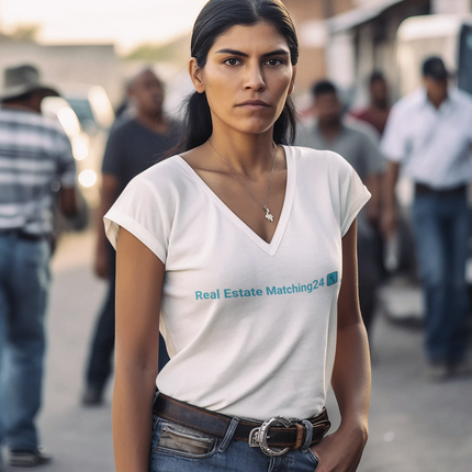 Unisex Short Sleeve V-Neck T-Shirt with Real Estate Matching24 Logo