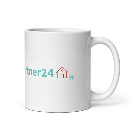 White glossy mug with Real Estate Partner24 Logo