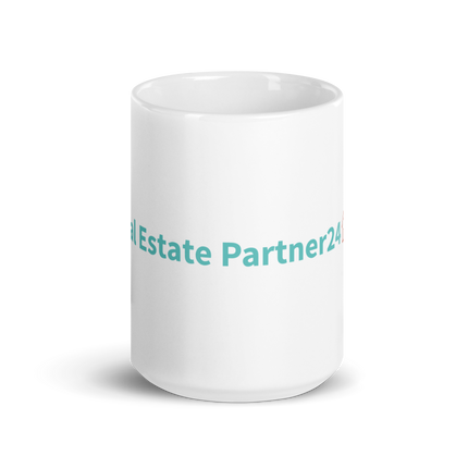 White glossy mug with Real Estate Partner24 Logo