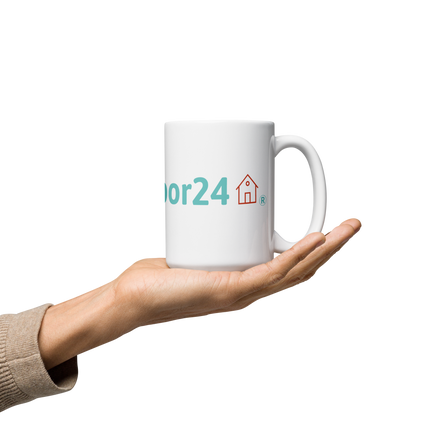 White glossy mug with Groundfloor24 Logo